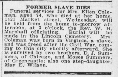 1915 death notice for Ellen Colemen.